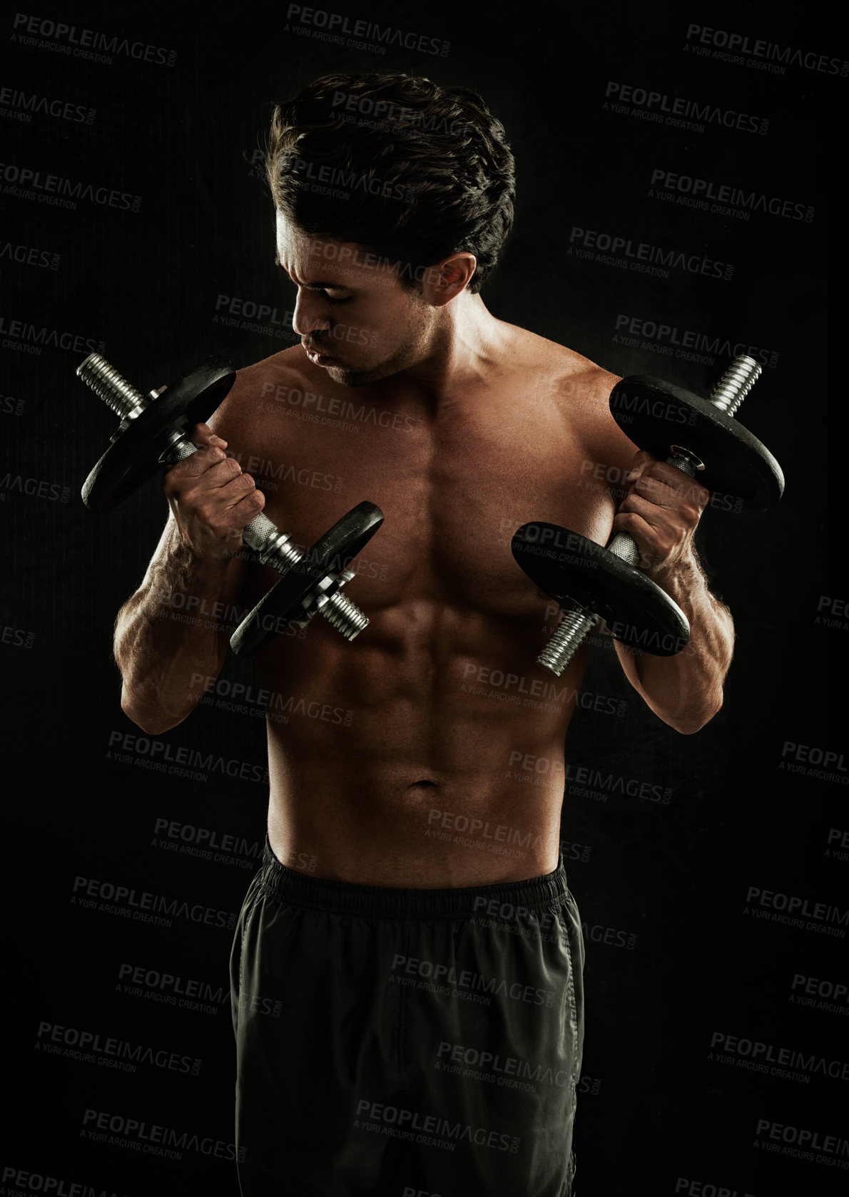 Buy stock photo Dumbbells, black background or topless bodybuilder in exercise, strength training or workout in studio. Fitness model, dark or ripped man with healthy body, weights or biceps muscle for lifting power