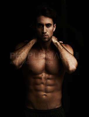 Buy stock photo Six pack, black background or portrait of model for workout, training or exercise in studio for fitness. Man, dark or ripped male person with healthy body, abs or stomach for wellness in Italy