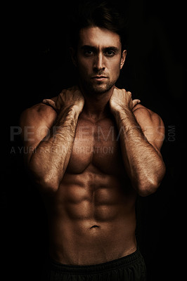 Buy stock photo Six pack, black background or portrait of man for workout, training or exercise in studio for fitness. Model, dark shadow or ripped male person with healthy body, abs or stomach for wellness in Italy