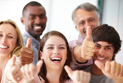 Buy stock photo Portrait, happy and business people with thumbs up in office for thank you, support or vote sign. Recruitment, we are hiring and marketing team with diversity, hand and emoji for join us motivation