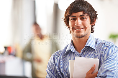 Buy stock photo Smile, tablet and portrait of business man in startup agency for creative, manager and designer. Professional, consultant and advisor with face of employee in office for entrepreneur career 