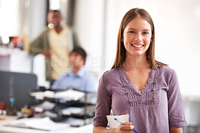 Buy stock photo Portrait, fashion and woman with a book, designer and smile in a workplace, entrepreneur and consultant. Face, person or worker with notepad, pen or business with idea, happy or cheerful in an office