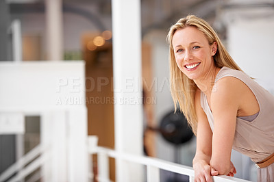 Buy stock photo Startup, entrepreneur and portrait of woman in office with happiness in Australia agency or workplace. Professional, manager or creative person relax, leaning on rail with confidence in company