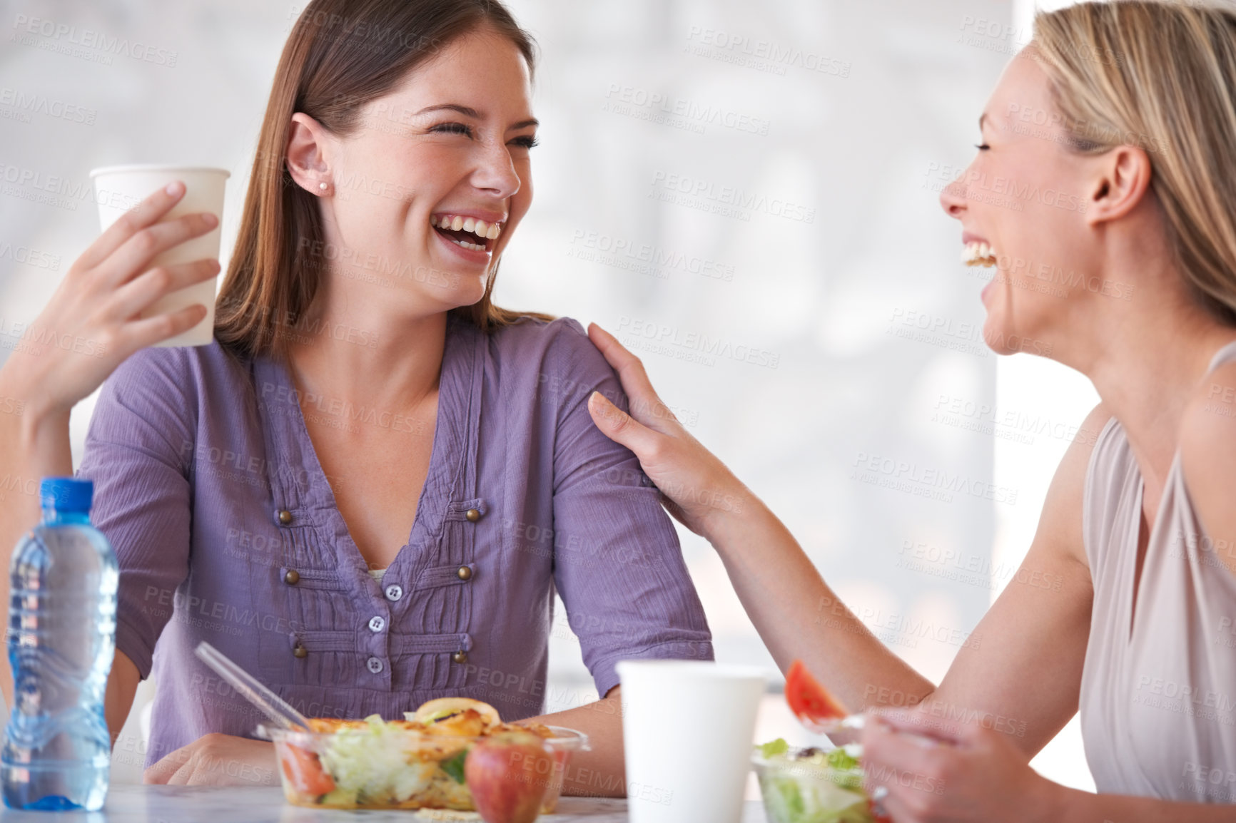 Buy stock photo Shot of two colleagues having lunch together
