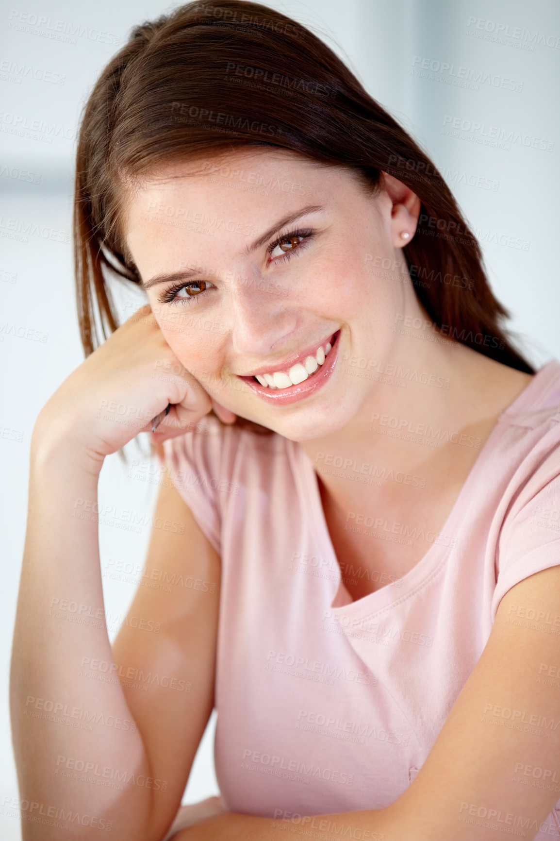 Buy stock photo Portrait, woman and smile in home to relax for break, rest and confident personality in Australia. Happy, young and face of beautiful girl in apartment with good mood, pride and positive for optimism