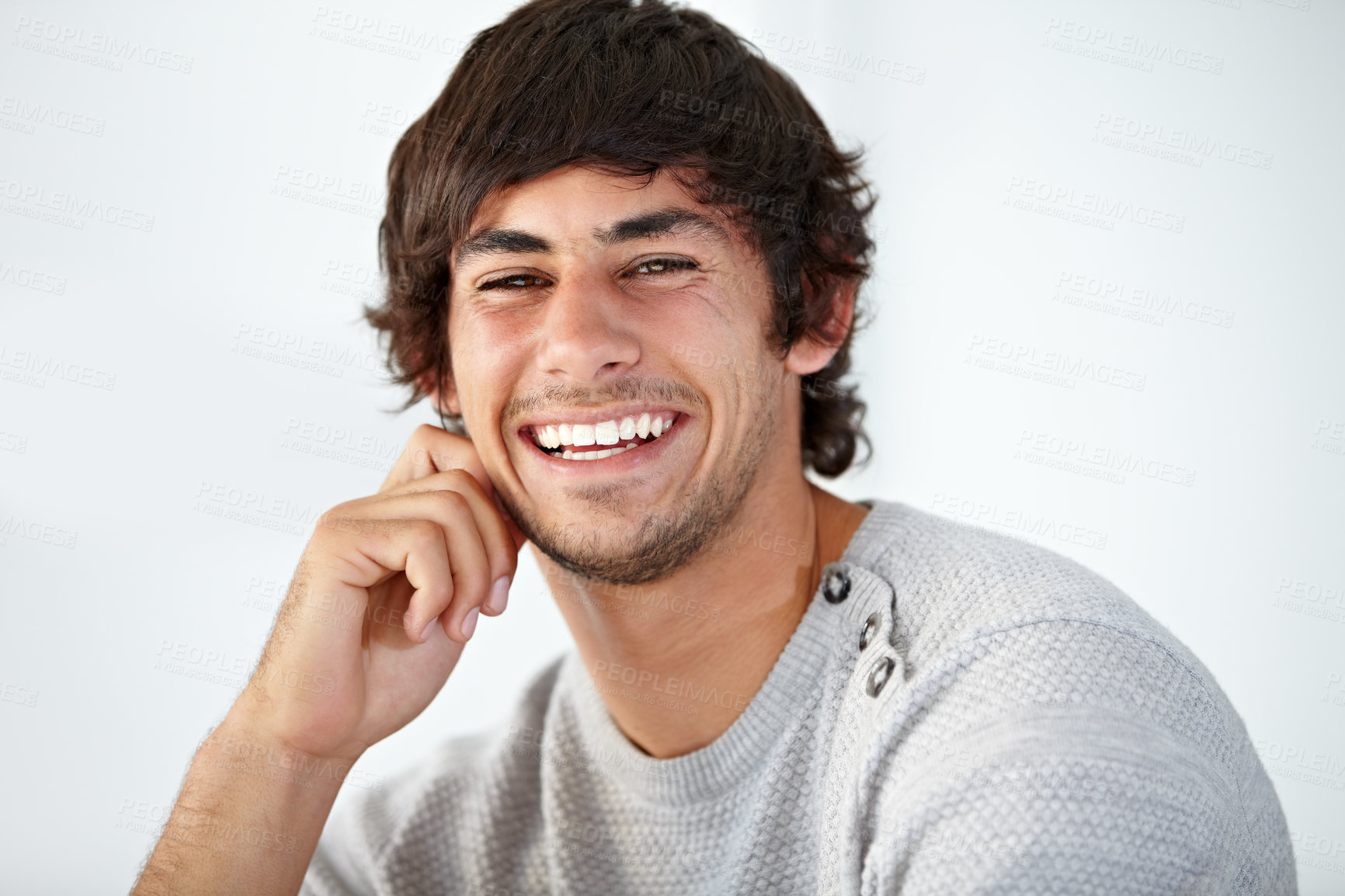Buy stock photo Smile, portrait and young man in the office with positive, good and confident attitude. Happy, creative career and face of professional male designer from Mexico with pride in modern workplace.