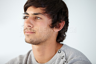 Buy stock photo Thinking, face and man in studio for ideas, choice and decision of questions, insight or future memory on white background. Curious young model daydream of vision, inspiration or remember why in mind