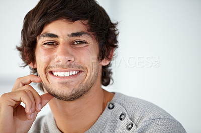 Buy stock photo Happy, portrait and young man in the office with positive, good and confident attitude. Smile, creative career and face of professional male designer from Colombia with pride in modern workplace.