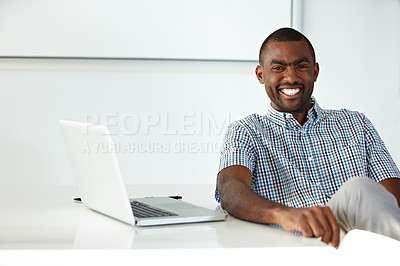 Buy stock photo Man, portrait and designer at laptop with smile for online research, social network connection and creative planning at desk. Happy african business employee working on computer in digital agency 