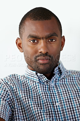 Buy stock photo Serious, white background and portrait of business black man for working, career and office job. Corporate manager, startup company and face of worker with confidence, pride and ambition mindset