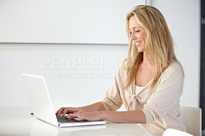 Buy stock photo Business woman, laptop and typing in office at desk for online research, website review or planning social network connection in creative startup. Happy employee working at computer in digital agency