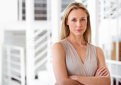 Buy stock photo Portrait, serious and a business woman arms crossed in her professional office for company management. Corporate, workplace and a confident a mature CEO, manager or boss with a development mindset