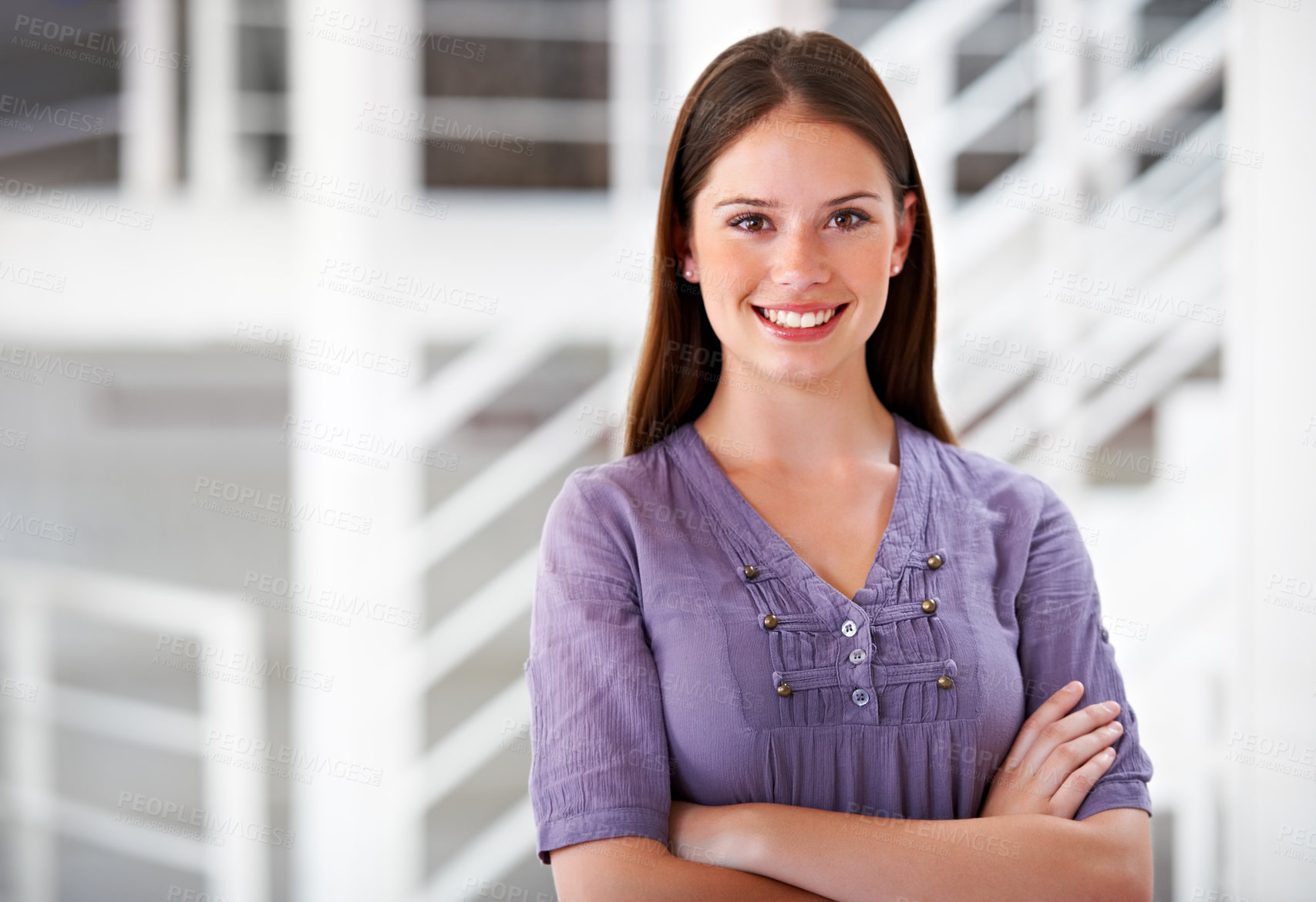 Buy stock photo Portrait, smile and a business woman arms crossed in her office as a company intern at the start of her career. Mindset, confident and a happy young employee in a creative agency as a designer