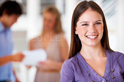 Buy stock photo Office, happy and portrait of business woman with team for leadership, confidence and pride. Creative agency, startup company and worker with staff for meeting, planning or collaboration in workplace