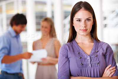 Buy stock photo Office, crossed arms and portrait of business woman with team for leadership, confidence and pride. Marketing agency, company and serious worker with staff for meeting, planning and collaboration