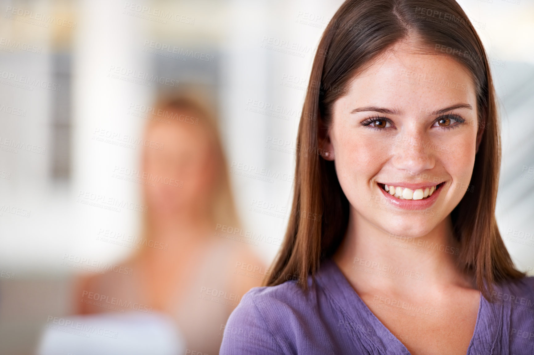 Buy stock photo Portrait, happy and young business woman in her office for the start of career with an internship. Face, company and smile with a confident professional employee closeup in a design agency workplace