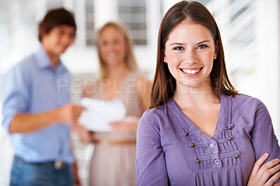 Buy stock photo Team, crossed arms and portrait of business woman for leadership, confidence and pride in office. Corporate, company and happy worker with staff for meeting, planning and collaboration in workplace