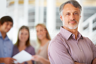 Buy stock photo Office, confidence and portrait of business man with team for leadership, crossed arms and pride. Corporate, company and happy worker with staff for meeting, planning and collaboration in workplace