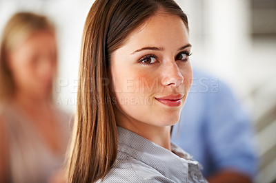 Buy stock photo Portrait, happy and internship with a business woman in her office on a blurred background for career. Face, mindset and confident with a young employee closeup in the workplace of a design agency