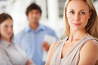 Buy stock photo Manager, serious and portrait of business woman with team for leadership, confidence and pride. Corporate office, company and worker with staff for meeting, planning and collaboration in workplace