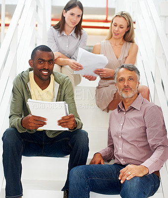 Buy stock photo Business people, paperwork and discussion on staircase together, planning and collaboration in office. Teamwork, documents and brainstorming or problem solving, employees and communication on report