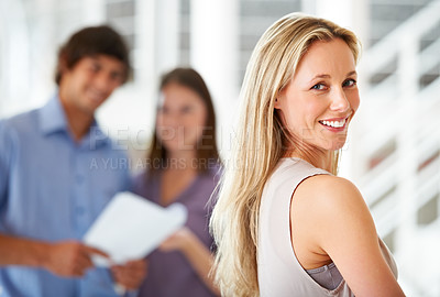 Buy stock photo Business woman, office and professional in portrait, confidence and pride for career in company. Female person, leader and smile for job development or management pride, planning and support at work
