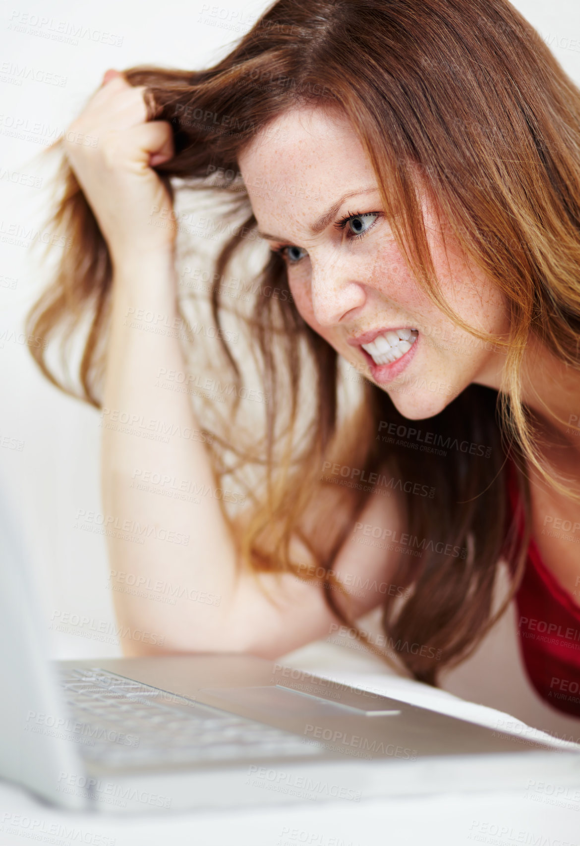 Buy stock photo Stress, angry and a woman with a laptop for an email, technology glitch or connectivity fail. Anger, reading information and a girl frustrated about an online problem, computer mistake or overworked