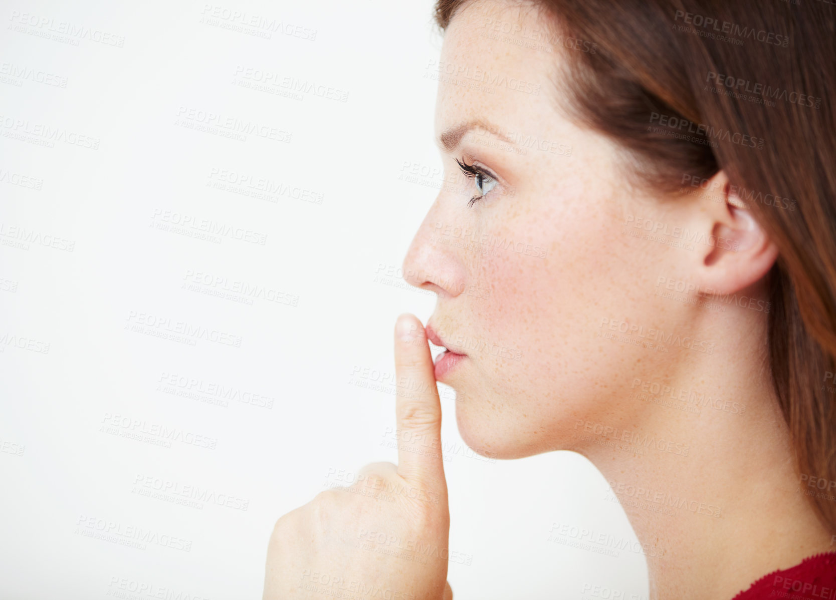 Buy stock photo Mockup, secret and woman with finger on lips in studio for gossip, drama or silent gesture on white background. Whisper, news and female with privacy, confidential or did you know, blackmail or emoji
