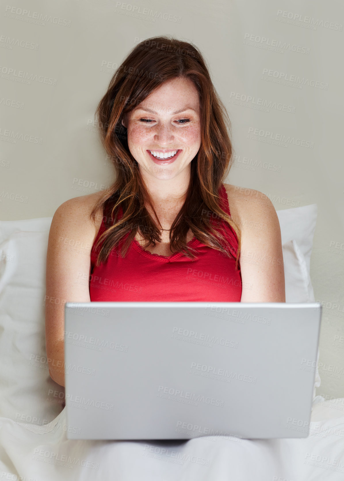 Buy stock photo Smile, laptop and woman on bed in home for social media, online search and email. Computer, bedroom and happy person on internet, reading blog or writing, typing and relax while streaming web video.