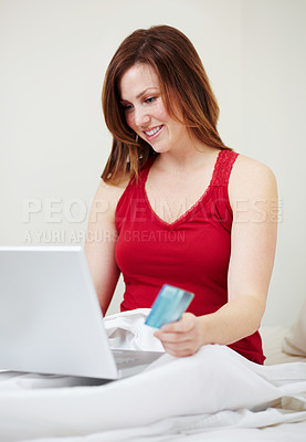 Buy stock photo Laptop, bed and woman with credit card for online shopping, payment or digital banking in home. Ecommerce, bedroom and happy person on computer for finance, internet sales on web store and fintech.