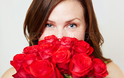 Buy stock photo Roses, flower bouquet and portrait of woman with red gift for love, celebrate and a valentines day floral present or glamour. Aesthetic, skincare and eyes of female person or model with plants