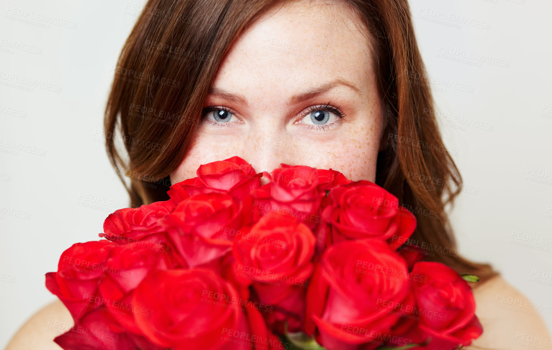 Buy stock photo Roses, flower bouquet and portrait of woman with red gift for love, celebrate and a valentines day floral present or glamour. Aesthetic, skincare and eyes of female person or model with plants