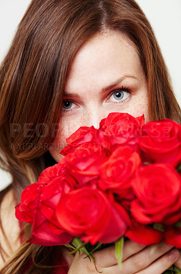 Buy stock photo Roses, flowers and portrait of woman with red gift for love, celebrate and a valentines day floral present or glamour. Aesthetic, skincare and eyes of female person or model with plants or a bouquet