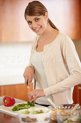 Buy stock photo Vegetables, cooking and portrait of woman in kitchen for healthy eating, nutrition and diet. Happy person cutting food for lunch, dinner and supper in home for wellness, vitamins and organic meal 
