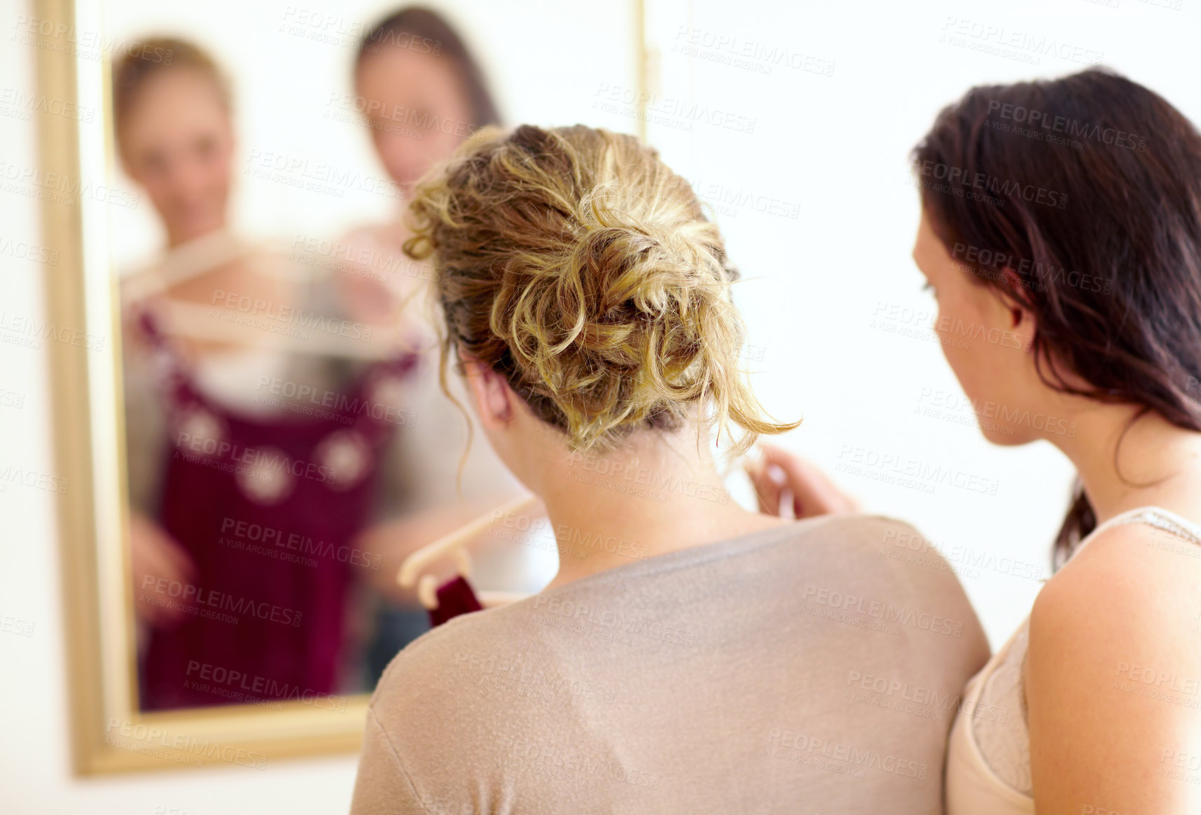 Buy stock photo Friends, mirror and young women with an outfit getting ready, shopping or bonding together. Fashion, friendship and back of female people looking at beautiful dress in retail store, boutique or shop.