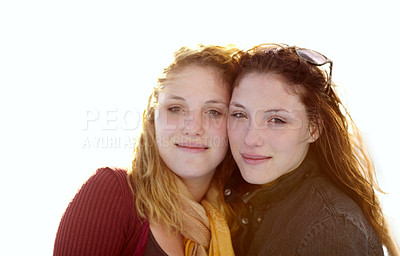 Buy stock photo Lesbian, hug and women in portrait, couple on date with love, trust and sunshine. Female people outdoor together, pride and LGBTQ relationship, queer and smile with support, homosexual and partner