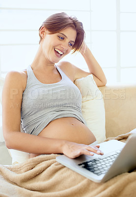 Buy stock photo Pregnant woman, laptop and online connection in bedroom, wellness and internet on maternity leave in house. Person, happy or computer with technology on bed, streaming and social media in apartment