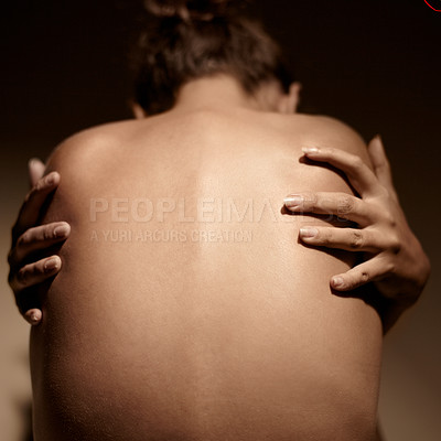 Buy stock photo Woman, hugging and back in studio or self love embrace for nude, art or vulnerability. Female person, hands and body positivity or emotional creativity or naked holding or compassion, care or support