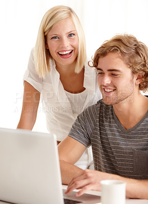 Buy stock photo Laptop, smile and ecommerce with a young couple in their apartment for accounting or budget planning together. Computer, bank or finance with a happy man and woman in their home for investment growth
