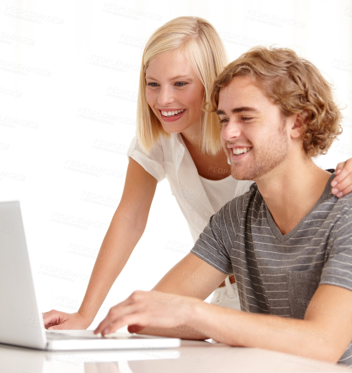 Buy stock photo Laptop, smile and research with a young couple reading information in their apartment together for planning. Computer, bank or money with a happy man and woman in their home for investment growth