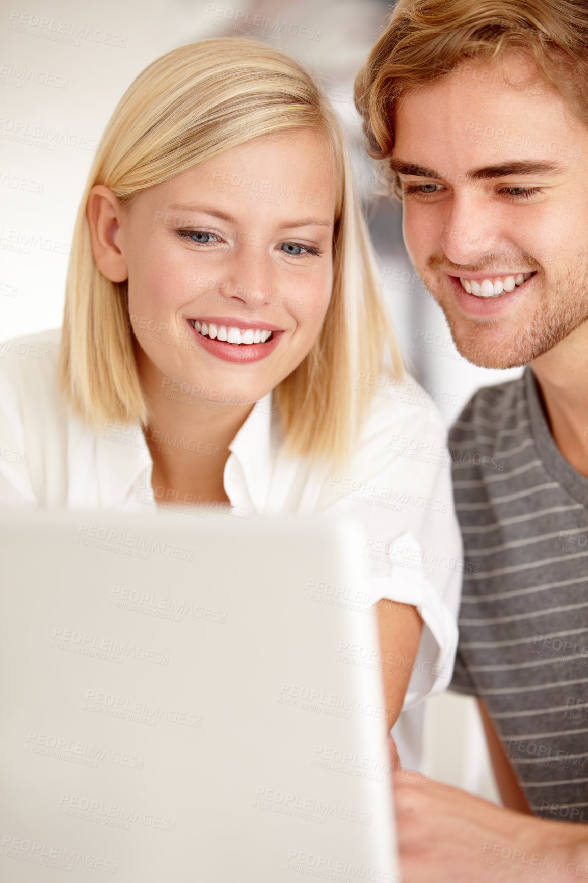 Buy stock photo Laptop, smile and love with a young couple in their apartment for planning or investing together. Computer, online or ecommerce with a happy man and woman in the home for portfolio, website or growth