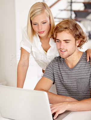 Buy stock photo Laptop, smile and research with a young couple in their apartment for planning or ecommerce together. Computer, bank or wealth management with a happy man and woman in their home for money growth