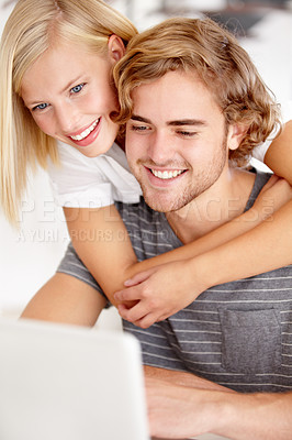 Buy stock photo Laptop, hug and a young couple in their apartment for accounting or budget planning together. Computer, love or banking research with a happy man and woman in their home for investment growth