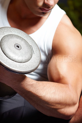 Buy stock photo Arm muscle, dumbbell or fitness man, bodybuilder or health lifestyle person focus on weightlifting, bicep challenge or power. Motivation, determination or muscular body builder doing dumbell curling 