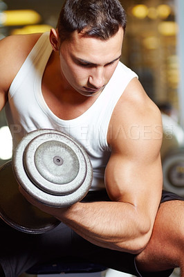 Buy stock photo Arm muscle, focus and man doing dumbbell workout, athlete fitness challenge or training for bodybuilding development. Health lifestyle, bicep gym equipment and male bodybuilder curling iron dumbbells