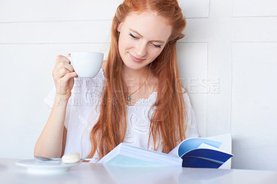 Buy stock photo Drinking coffee, relax and woman reading a book, break or lady with a hobby, home or peace. Female person, calm or girl with a novel, literature or tea with espresso, story or thinking with knowledge
