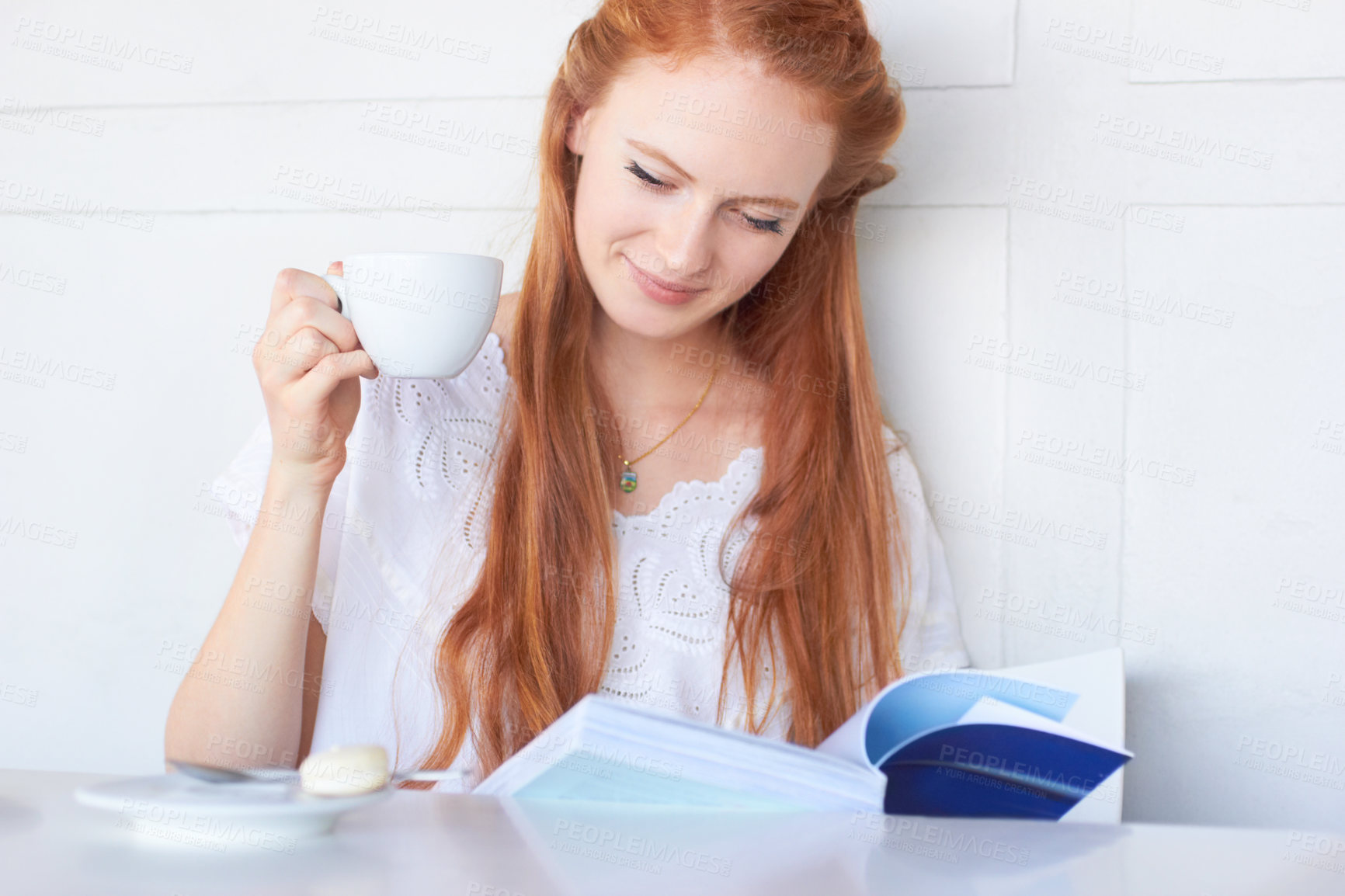 Buy stock photo Drinking coffee, relax and woman reading a book, break or lady with a hobby, home or peace. Female person, calm or girl with a novel, literature or tea with espresso, story or thinking with knowledge