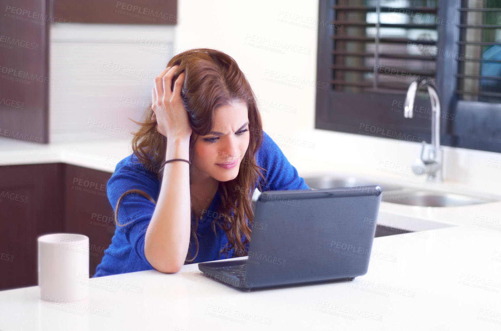 Buy stock photo Business, home and woman with stress, laptop and mistake with headache, error and a glitch. Female person, employee and entrepreneur with technology, connection problem and burnout in the kitchen