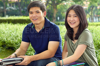 Buy stock photo Students, education and portrait of friends in college for learning, scholarship or knowledge. University, study and future with Asian man and woman on campus for back to school, motivation and youth