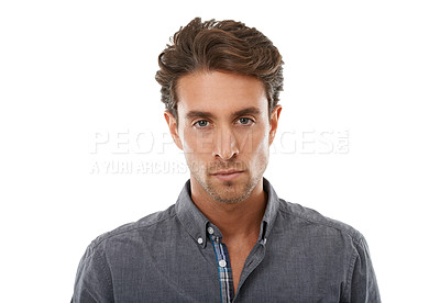 Buy stock photo Portrait, fashion and clothes with a young man in studio isolated on a white background for style. Face, trendy and a serious model looking confident in an open collar casual or relaxed outfit